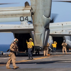 71-18 Blue Knights of Marine Medium Tiltrotor Squadron prepare MV-22B Osprey for takeoff 