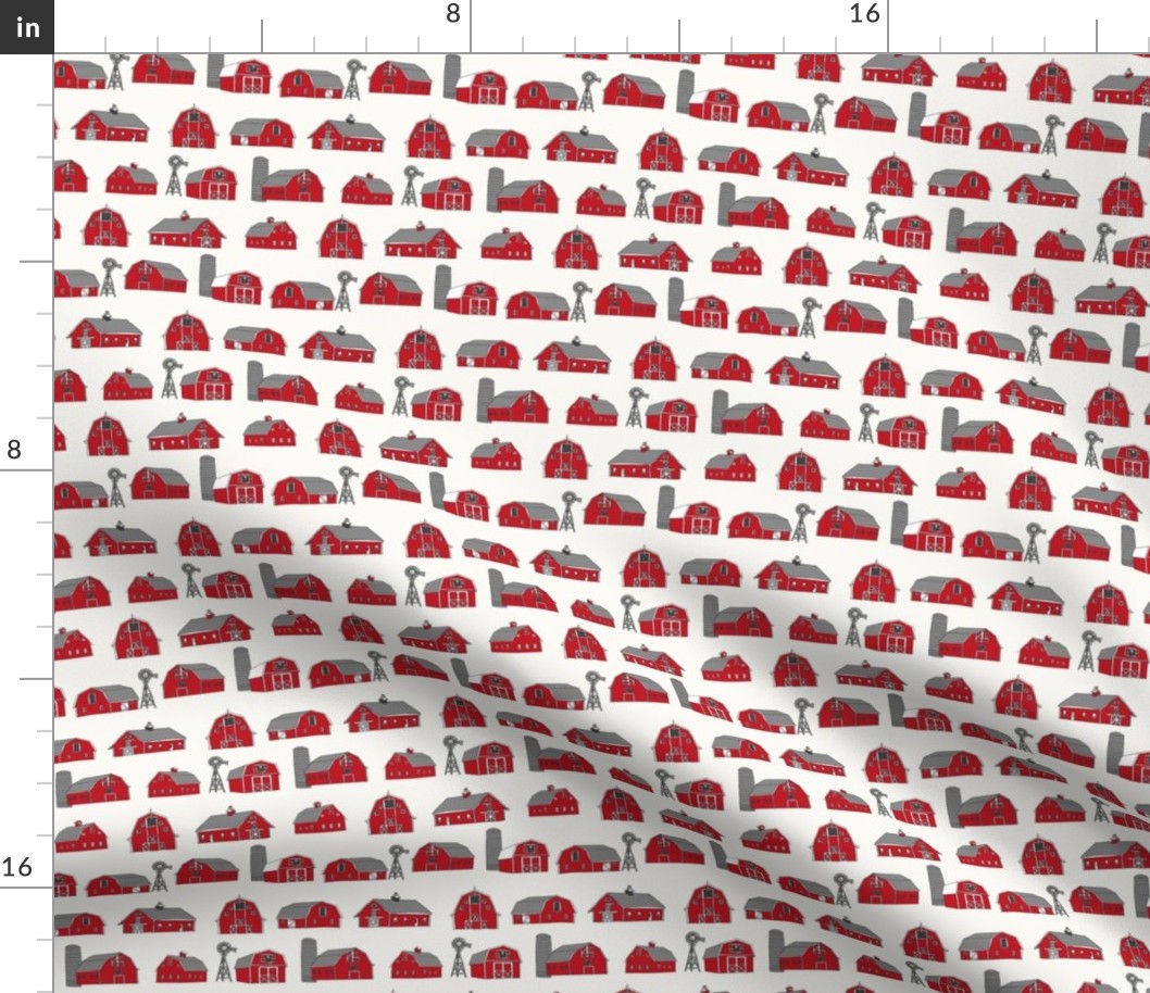 SMALL barn fabric - red barn fabric, farm fabric, farms fabric, - cream