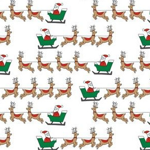 SMALL santa's sleigh fabric // reindeer and santa north pole christmas design -red and green