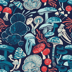 Normal scale // Mystical fungi // midnight blue background aqua teal coral and red wild mushrooms