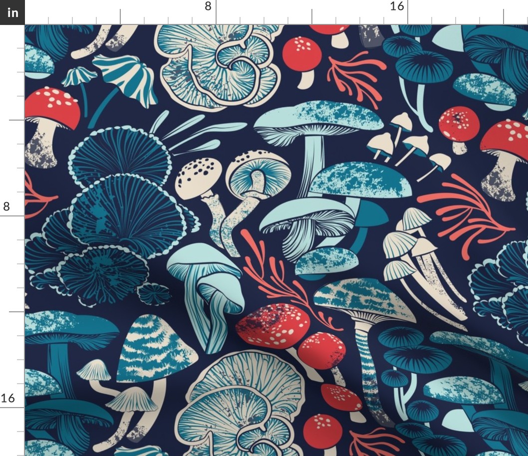 Normal scale // Mystical fungi // midnight blue background aqua teal coral and red wild mushrooms