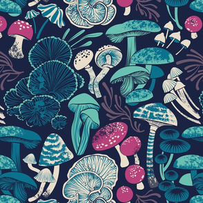 Normal scale // Mystical fungi // midnight blue background mint teal and dark pink wild mushrooms