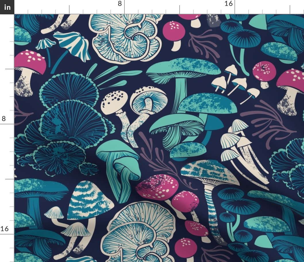 Normal scale // Mystical fungi // midnight blue background mint teal and dark pink wild mushrooms