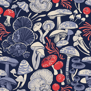 Normal scale // Mystical fungi // midnight blue background ivory pale blue coral and red wild mushrooms