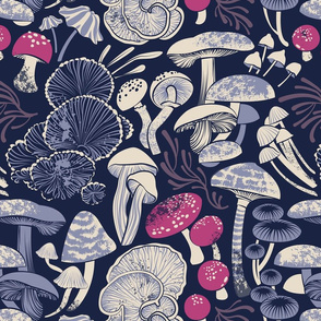 Normal scale // Mystical fungi // midnight blue background ivory pale blue and dark pink wild mushrooms