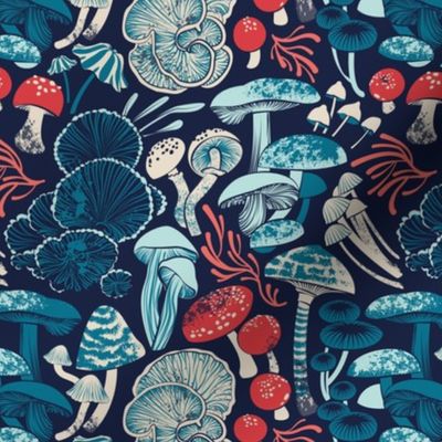 Small scale // Mystical fungi // midnight blue background aqua teal coral and red wild mushrooms