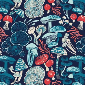 Small scale // Mystical fungi // midnight blue background aqua teal coral and red wild mushrooms