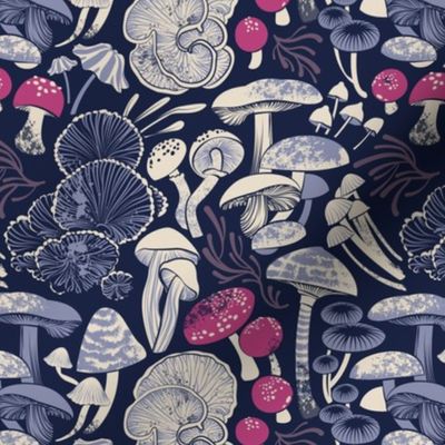 Small scale // Mystical fungi // midnight blue background ivory pale blue and dark pink wild mushrooms