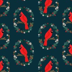 Christmas cardinal fabric - birds, nature, wreath - dark navy