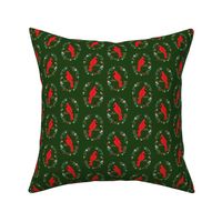 Christmas cardinal fabric - birds, nature, wreath - dark green