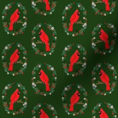 Christmas cardinal fabric - birds, nature, wreath - dark green