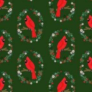 Christmas cardinal fabric - birds, nature, wreath - dark green