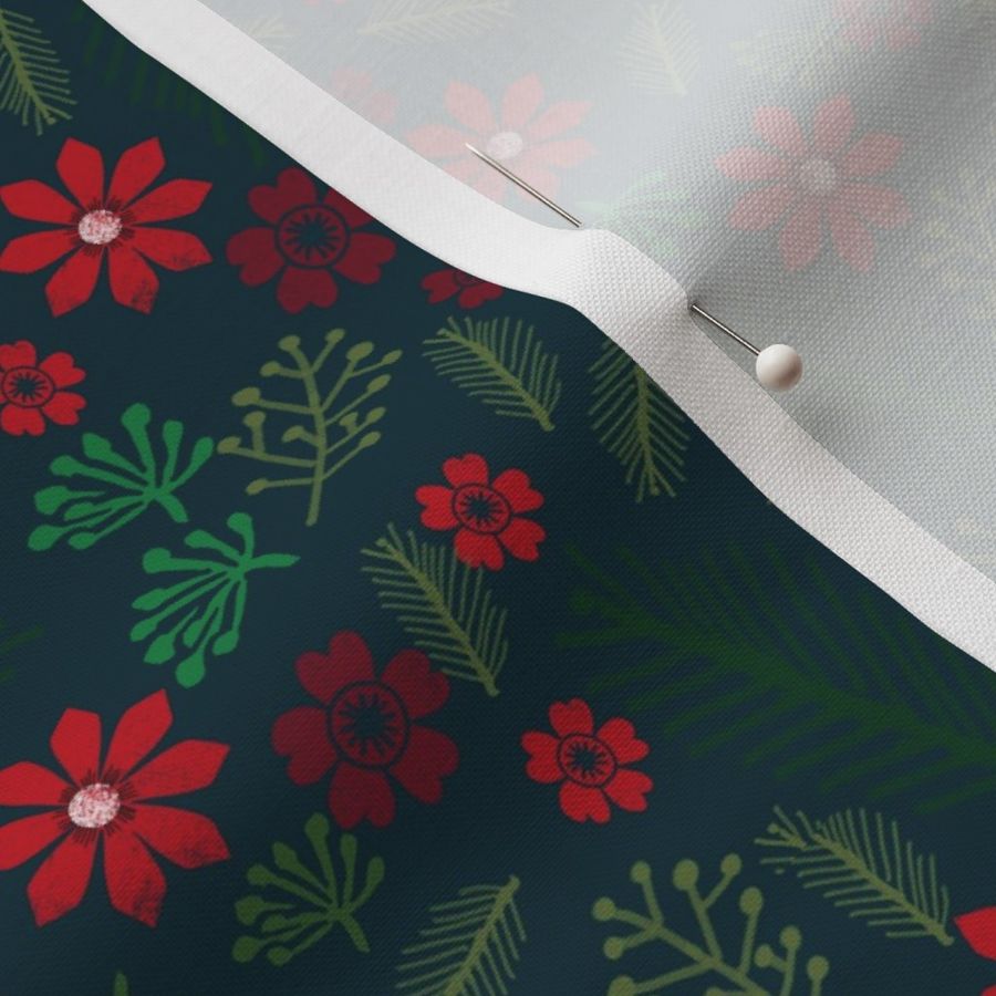 christmas floral - christmas poinsettia, floral red and green - navy