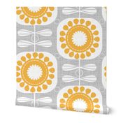 Gold scandi flowers on gray-midcentury