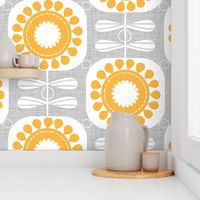 Gold scandi flowers on gray-midcentury