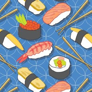 large assorted sushi on sashiko