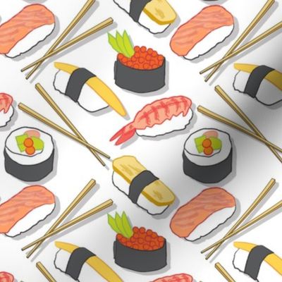 large assorted sushi on white