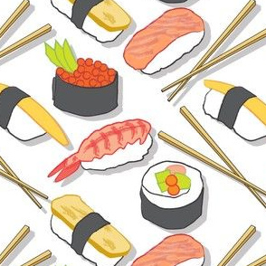 large assorted sushi on white