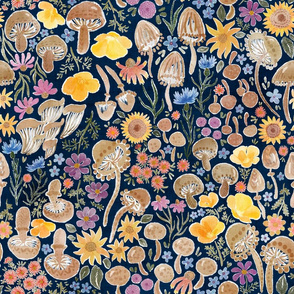 Boho Mushrooms & Blooms(navy) 18”