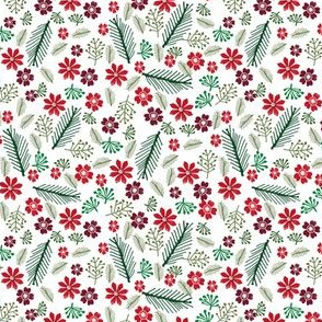 SMALL christmas floral - christmas poinsettia, floral red and green - white