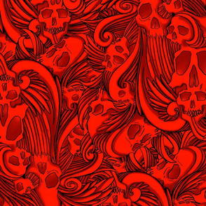 Winged Skull Gothic Halloween Illustration - Red