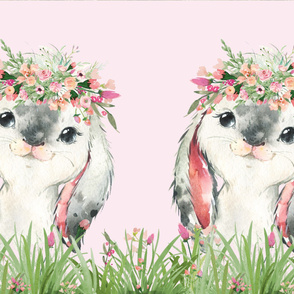 27x36" floral grass baby bunny on pink background - two panel 