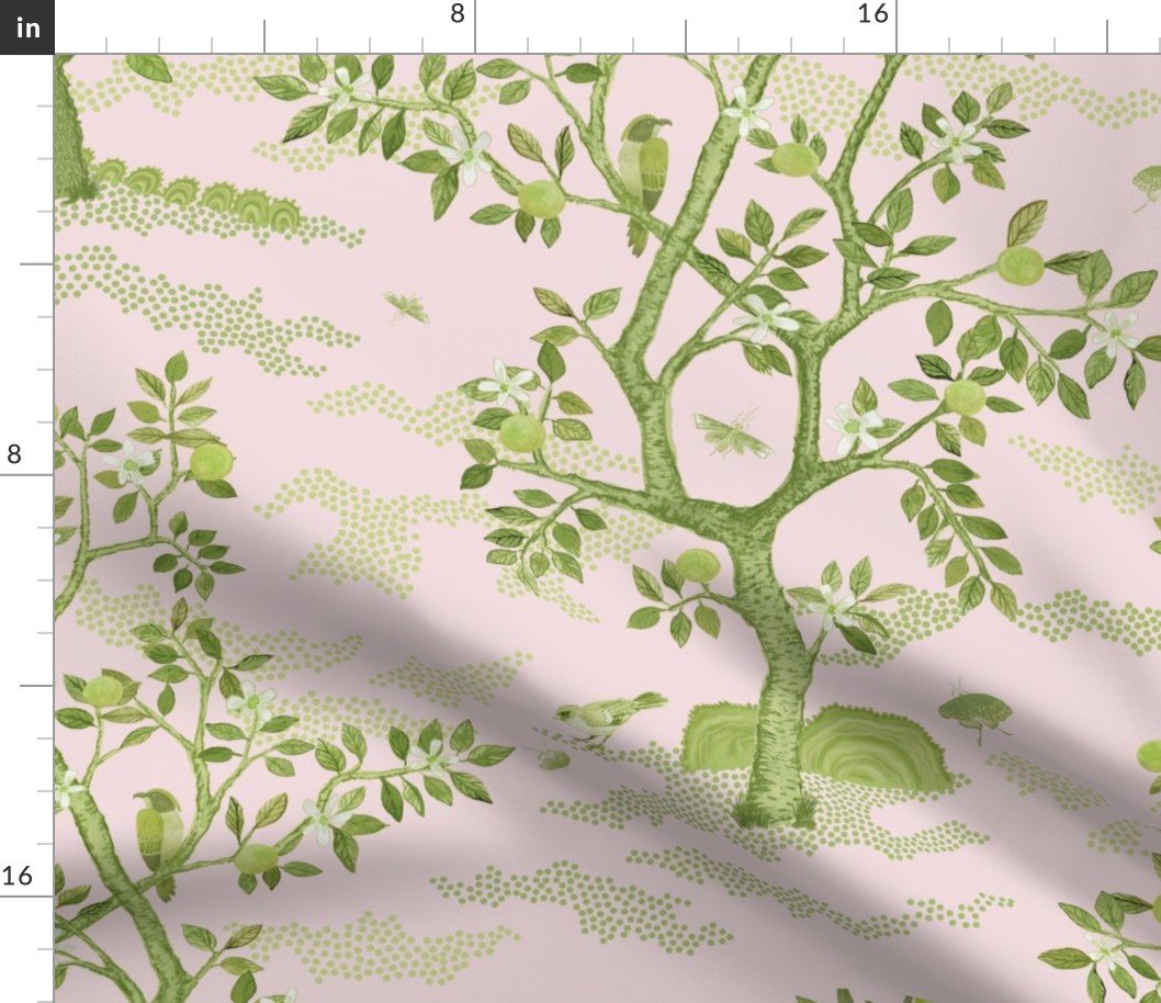 OLIVE AND LEMON on pale pink CITRUS TOILE MONOCROMATIC