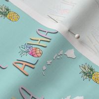 Watercolor aloha with Hawaiian islands and pineapples blue background 