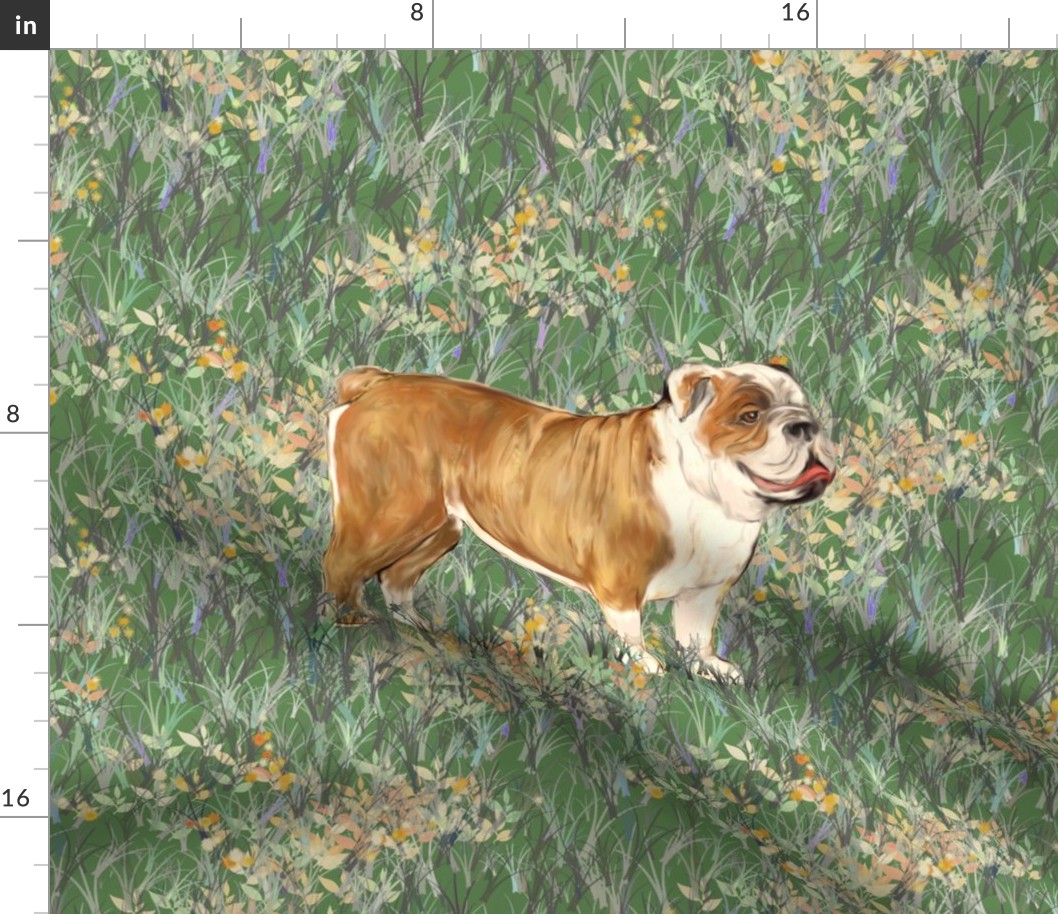 Brown and White English Bulldog on Wildflowers for Pillow