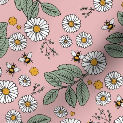 Daisy Blossom and Flower garden bees summer design botanical boho nursery nature love soft green pink