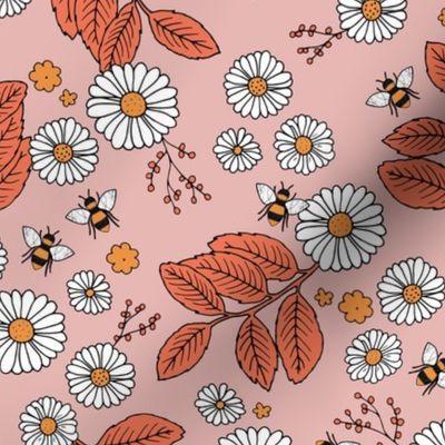 Daisy Blossom and Flower garden bees summer design botanical boho nursery nature love orange coral pink