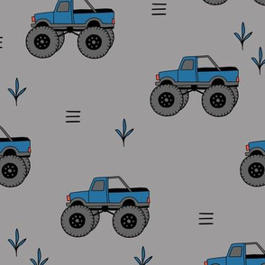 Monster trucks heave wheels fun kids vehicles and cars gray blue