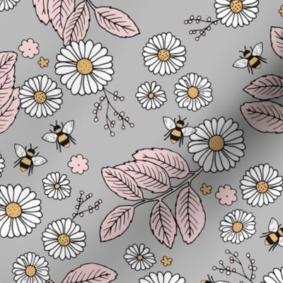 Daisy Blossom and Flower garden bees summer design botanical boho nursery nature love neutral gray pink