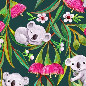 Teeny Tiny Grey Koalas with Tea Tree Blossoms and Eucalyptus Flowers on green