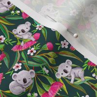 Teeny Tiny Grey Koalas with Tea Tree Blossoms and Eucalyptus Flowers on green small