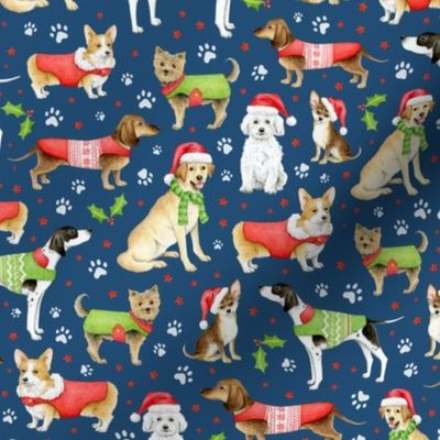 Dogs in Christmas Coats and Hats on navy - medium scale