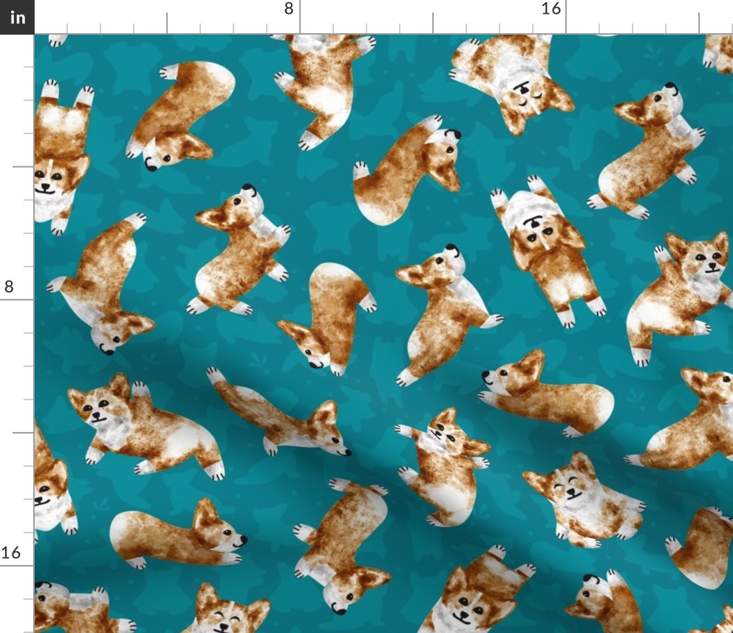 Yoga Corgis - Medium size - dark teal - dog yoga, dog pattern, puppies