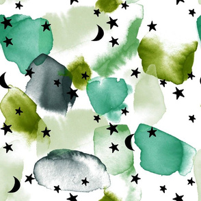 olive watercolor terrazo stars and moons