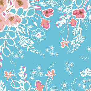 Aimee's Bouquet- Pink/White Outline on Lt. Mosaic Blue 
