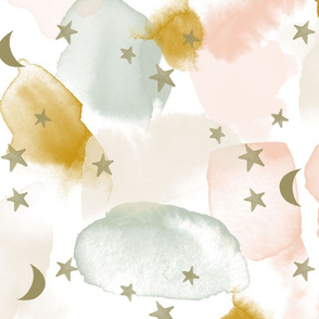 large blush sage and gold stars and moons