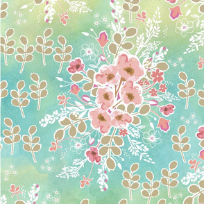 Aimee's Bouquet- Pink/Kaki on Watercolor Background