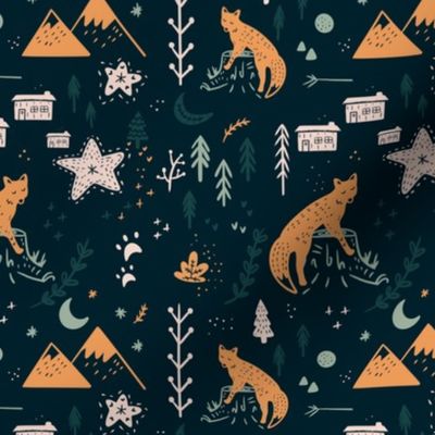 Woodland Scandi Fox Scene on Navy