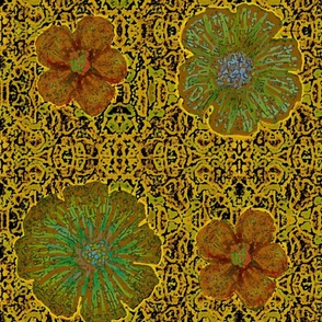 24" Hand painted LARGE Ochre/Olive Exotic Floral