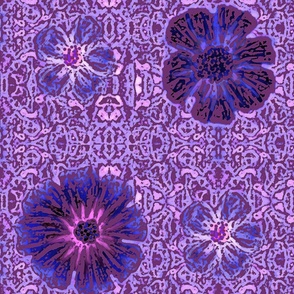 24" LARGE Hand painted Violet Exotic Floral on Ikat Batik