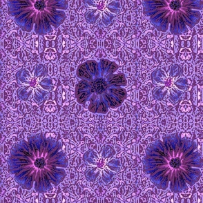 12" Hand painted Violet Exotic Floral on Ikat Batik