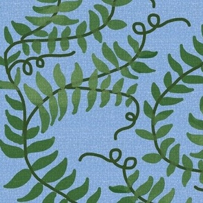 Green Vine on Blue Linen Texture