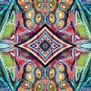 Monoprinted mirrored kaleidoscope abstract multicoloured small hand printed and painted