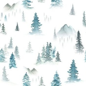 Misty Mountain Blue| Mountains Trees Snow|Renee Davis