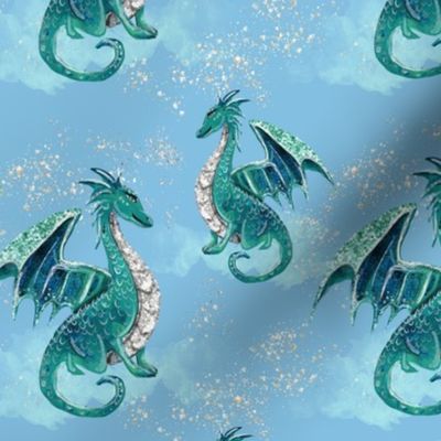 Whimsical Dragons Blue Sky