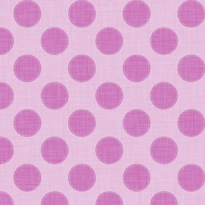 Magenta polka dots with stitch-like details on a pink fabric texture.